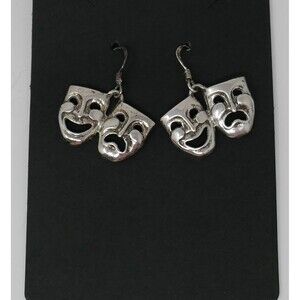 Sterling Silver 925 Happy Sad Mask Tragedy Carnival Mardi Gras Dangle Earrings